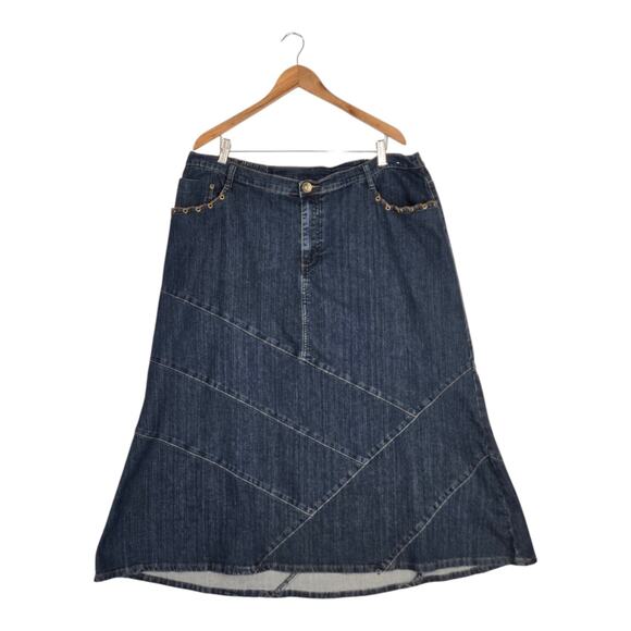 Liz & Me Denim Maxi Skirt Sz 20W Blue w/Brown Lacing Pockets Cowgirl Western - Picture 1 of 15